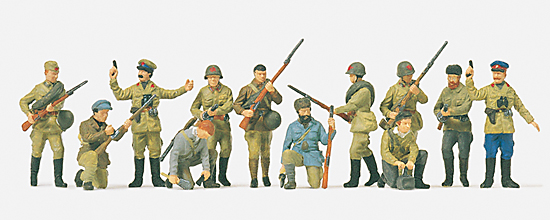 WWII Soviet infantry men and partisans (12 unpainted figures)<br /><a href='images/pictures/Preiser/16530.jpg' target='_blank'>Full size image</a>